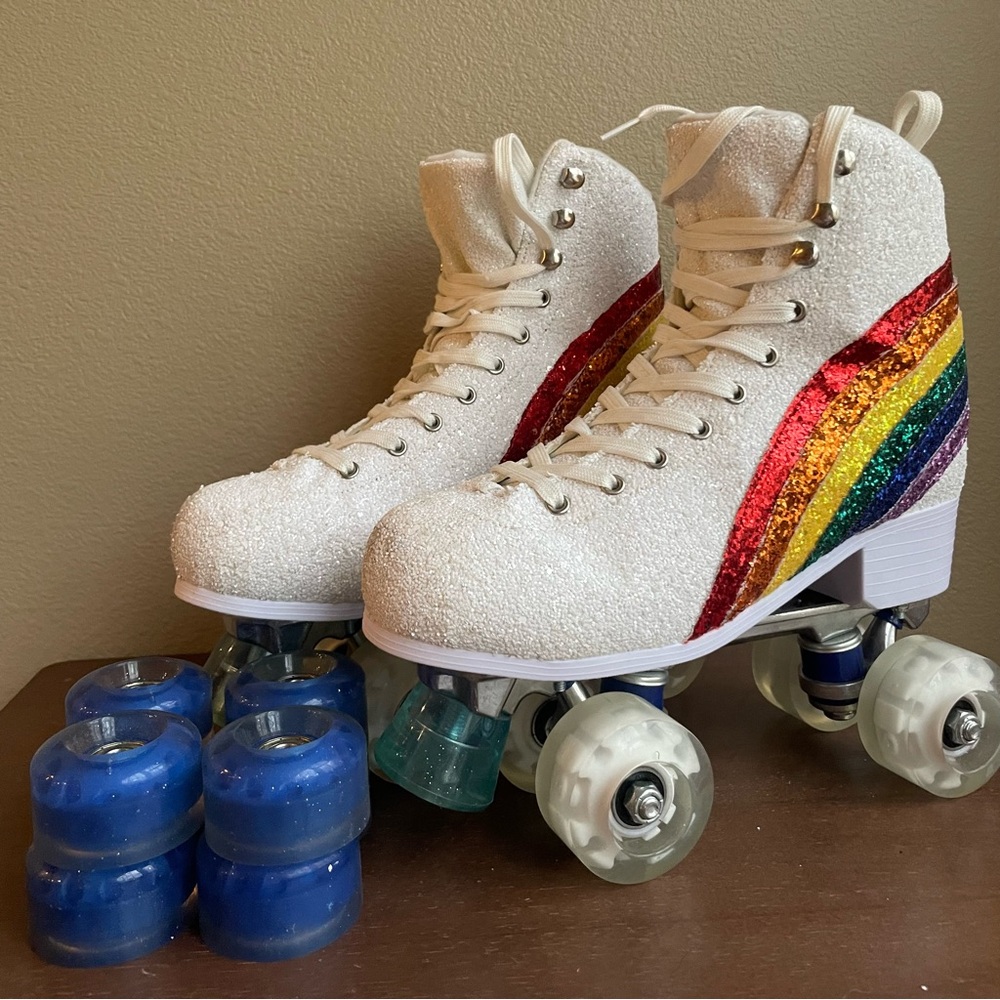 Club Exx Rainbow Sequin Roller Skates with Light Up Wheels & Glitter Blue Wheels